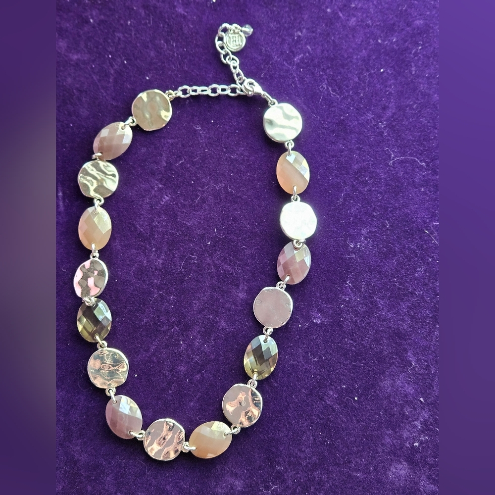 Dana Buchman necklace with silver discs and green plastic beads.